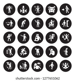 25 vector icon set : shocked human, nervous nostalgic OK old refreshed pretty pained pissed off sad human isolated on black background.