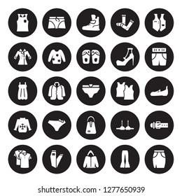 25 vector icon set : Sleeveless Shirt, Trousers, Hoodie, Jeans, Polo Short, Tank top, Hand bag, Pullover, Trench Coat, Sneaker, Boxers isolated on black background.
