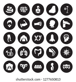 25 vector icon set : Small Intestine, Human Spine, Teeth, Uterus, with focus on the lungs, Men Shoulder, Male nose of a line, Large Intestine isolated black background.