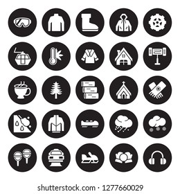 25 vector icon set : Snow Goggle, ball, Snowmobile, Snowplow, Snowshoes, Electric heater, Chapel, Bobsled, Avalanche, Ski lift, Boot, Turtleneck Sweater isolated on black background.