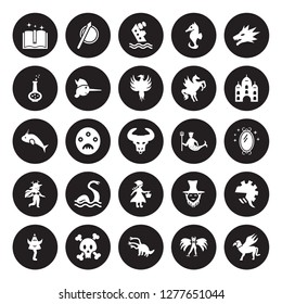 25 vector icon set : Spellbook, Harpy, Hydra, Jolly roger, Karakasakozou, Palace, Merman, Little  riding hood, Madre monte, Potion, Shipwreck, Spear isolated on black background.