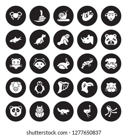 25 vector icon set : Spider, Ostrich, Otter, Owl, Panda bear, panda, Prawn, Pelican, Pig, Shark, Snail, Snake isolated on black background.