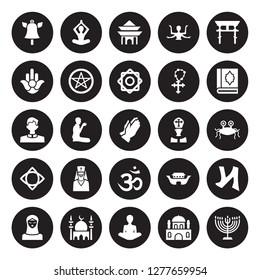 25 vector icon set : Standing bell, Monastery, Monk, Mosque, Muslim, Quran, Pope, Om, Paganism, Semitic Neopaganism, Shrine, Spiritual isolated on black background.