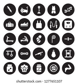 25 vector icon set : Steroids, No Fast Food, Phytonutrients, Press, Protein, Scale, Rope, Push up, Rings, Sport bag, Standing Punching Ball, Stationary bike isolated on black background.