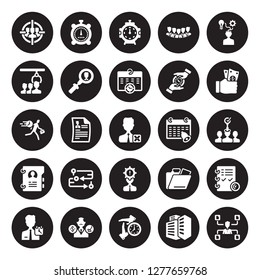 25 vector icon set : Target audience, Office building, Out of time, Pension, Person, Salary, Reminder, Problems, Profiles, Selection process, Stopclock, Stopwatch isolated on black background.