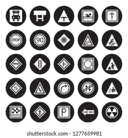 25 vector icon set : Taxi, One way, Parking, Pedestrian, Police station, Slippery, Roundabout, Right bend, Road, Stop, T junction, Tall isolated on black background.