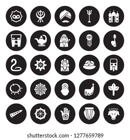 25 vector icon set : telugu language, Tablas, Karma, Dharma, Shehnai, Hookah, Kanji vadas, Bindi, Devi, Rickshaw, Turban, sikhism isolated on black background.