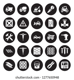 25 vector icon set : Tipper, Plier, Paint bucket, Birck Wall, Beam, Gas pipe, Dumper, Paving, Tiles, Joist, Demolition, Concrete isolated on black background.