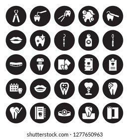 25 vector icon set : Tooth pliers, Gum, Headlamp, Health report, Healthy tooth, Mouth Mirror, Medical record, Inner Tooth, appointment, Smiling isolated on black background.