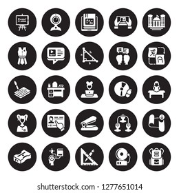 25 vector icon set : Whiteboard, School bell, material, self-learning, Sharpener, Translation, Study tools, Stapler, Student, Uniform, Vocabulary, Web camera isolated on black background.