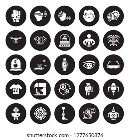 25 vector icon set : Wi gloves, Processing, Prosthesis, Quantum computing, Robot, technology Tree, Smart lens, Rotation, clothing, Unmanned aerial vehicle isolated on black background.