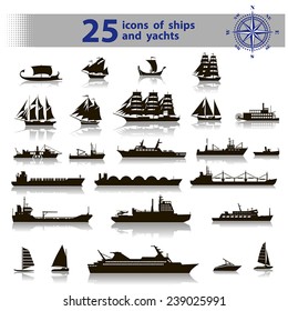 25 vector icons of black ships and yachts with reflection, inscription, wind rose on a white background