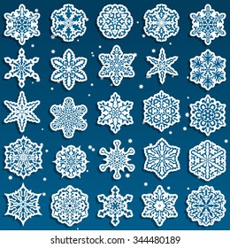 25 Vector Snowflakes Set, white and blue