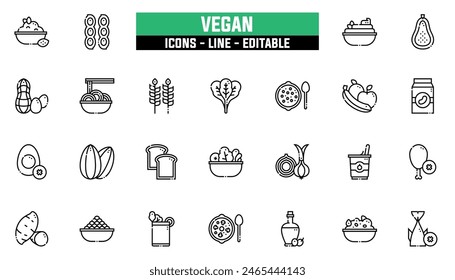 25 vegan icons set, vector line, editable stroke.