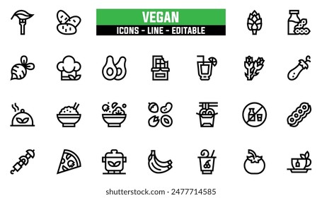25 vegan icons set, vector line, editable stroke.