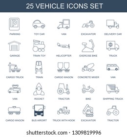 25 vehicle icons. Trendy vehicle icons white background. Included line icons such as parking, toy car, van, excavator, delivery car, garage, train toy. vehicle icon for web and mobile.