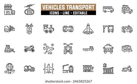 25 vehicles transport icons set, vector line, editable stroke.