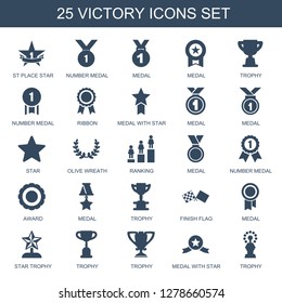 25 victory icons. Trendy victory icons white background. Included filled icons such as st place star, number medal, medal, trophy, ribbon, medal with star. victory icon for web and mobile.