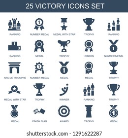 25 victory icons. Trendy victory icons white background. Included filled icons such as ranking, number medal, medal with star, trophy, medal. victory icon for web and mobile.