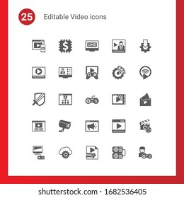 25 video filled icons set isolated on . Icons set with Adaptive Streaming, Blended Learning, 4K Streaming, Video marketing, Webinar, Game streaming, RPG, Mobile Learning icons.