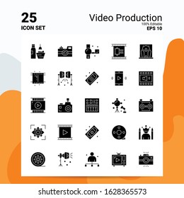 25 Video Production Icon Set. 100% Editable EPS 10 Files. Business Logo Concept Ideas Solid Glyph icon design