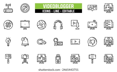 25 videoblogger icons set, vector line, editable stroke.