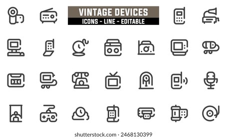 25 vintage devices icons set, vector line, editable stroke.