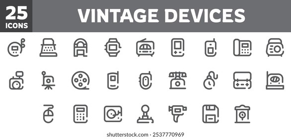 25 vintage devices icons set, vector line, editable stroke.