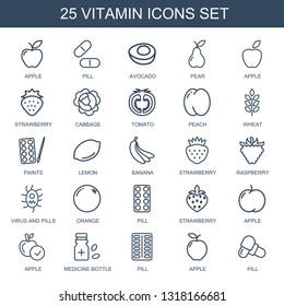 25 vitamin icons. Trendy vitamin icons white background. Included outline icons such as apple, pill, avocado, pear, strawberry, cabbage, tomato. vitamin icon for web and mobile.