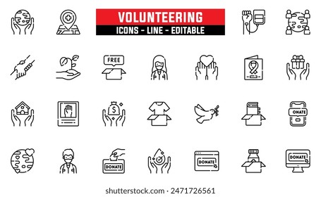 25 volunteering icons set, vector line, editable stroke.