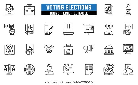 25 voting elections icons set, vector line, editable stroke.