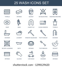 25 wash icons. Trendy wash icons white background. Included outline icons such as towels, sponge, bucket, no bleaching, washing machine, soap, maid. wash icon for web and mobile.