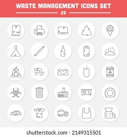 25 Waste Management Black Stroke Icon Set.