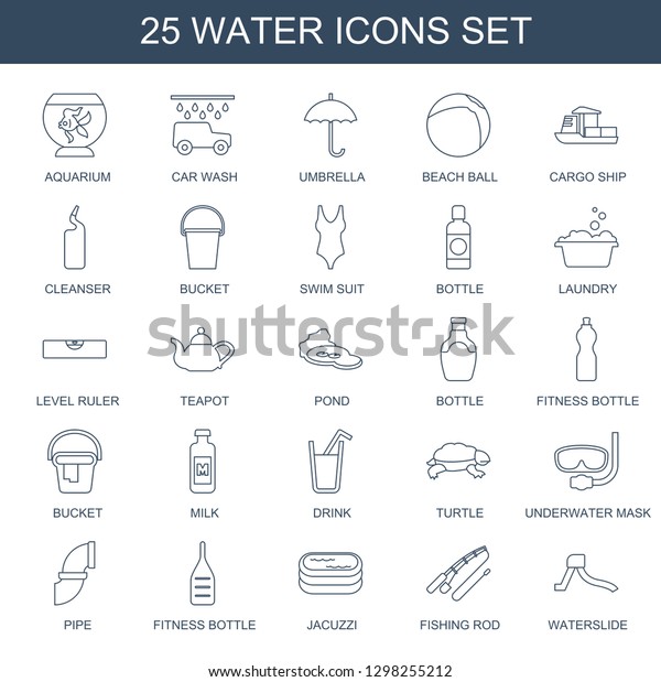 25 water icons.\
Trendy water icons white background. Included line icons such as\
aquarium, car wash, umbrella, beach ball, cargo ship, cleanser.\
water icon for web and\
mobile.