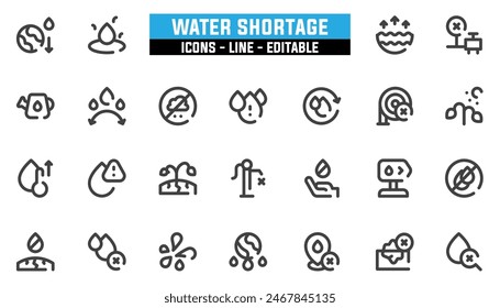 25 water shortage icons set, vector line, editable stroke.