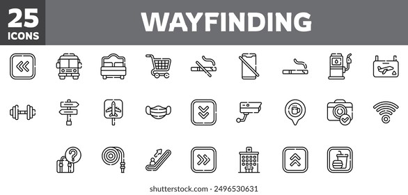 25 wayfinding icons set, vector line, editable stroke.