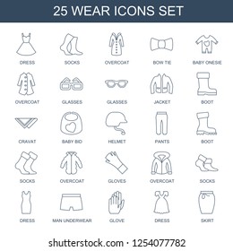 25 wear icons. Trendy wear icons white background. Included line icons such as dress, socks, overcoat, bow tie, baby onesie, glasses, jacket, boot. wear icon for web and mobile.