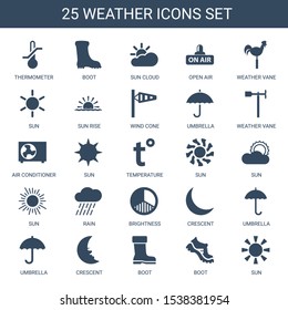 25 Weather Icons. Trendy Weather Icons White Background. Included Filled Icons Such As Thermometer, Boot, Sun Cloud, Open Air, Weather Vane, Sun. Icon For Web And Mobile.