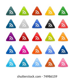 25 web 2.0 buttons with RSS sign. Colored satin smooth triangular icon with gray shadow on white