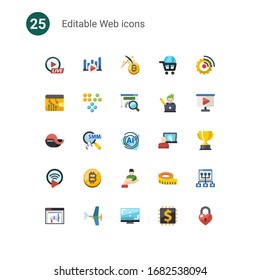 25 web flat icons set isolated on . Icons set with Live Event Streaming, Bitrate, Mining, digital wallet, Clustering, website optimization, seafood soup, Social Marketing icons.