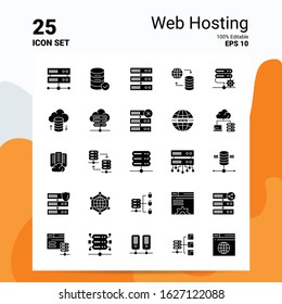 25 Web Hosting Icon Set. 100% Editable EPS 10 Files. Business Logo Concept Ideas Solid Glyph icon design