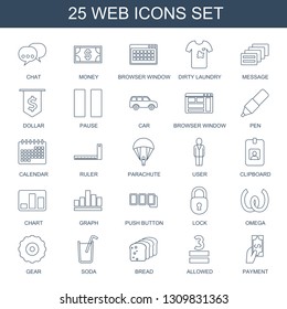 25 web icons. Trendy web icons white background. Included line icons such as chat, money, browser window, dirty laundry, message, dollar, pause, car. web icon for and mobile.