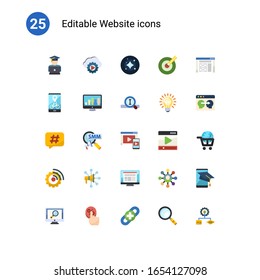 25 sitios web iconos planos establecidos aislados en . Iconos establecidos con el sitio web de comercio electrónico, servicio de transmisión, estrellas, aplicación de alquiler de bicicletas, monitoreo SEO, motor de búsqueda, hashtag, iconos de marketing social.
