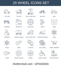 25 wheel icons. Trendy wheel icons white background. Included line icons such as toy car, fast food cart, bicycle, bike, barrow, train toy, Roulette. wheel icon for web and mobile.