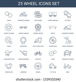25 wheel icons. Trendy wheel icons white background. Included line icons such as gear, concrete mixer, dice game, cargo wagon, lottery, heart in gear. wheel icon for web and mobile.