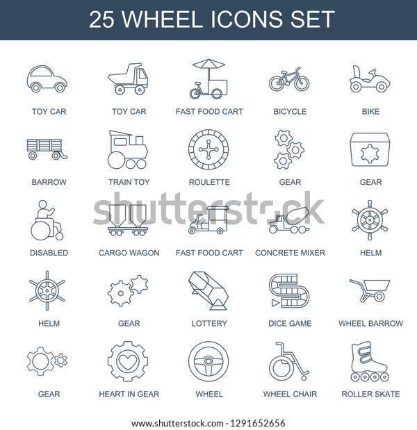 25 wheel\
icons. Trendy wheel icons white background. Included line icons\
such as toy car, fast food cart, bicycle, bike, barrow, train toy,\
Roulette. wheel icon for web and\
mobile.