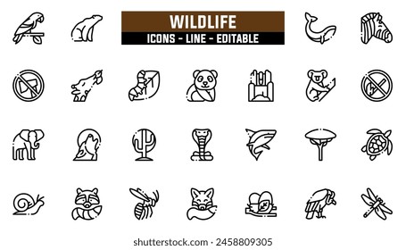 25 Wildlife Icons Set, Vektorgrafik Line, bearbeitbarer Strich.