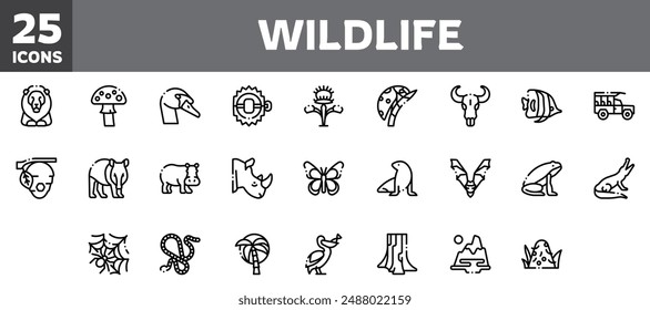 25 wildlife icons set, vector line, editable stroke.