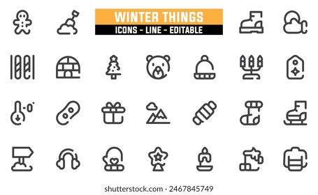Conjunto de iconos de 25 cosas invernales, línea de Vector, trazo editable.