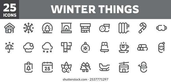 Conjunto de 25 iconos de cosas de invierno, línea de Vector, trazo editable.